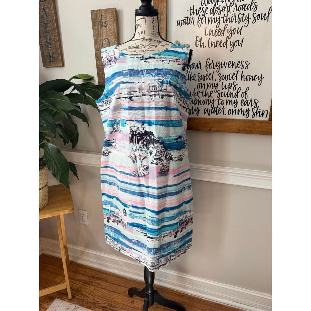 Talbots Women's Watercolor Print Seaside Harbor Sheath Dress Blue Pink Size 14